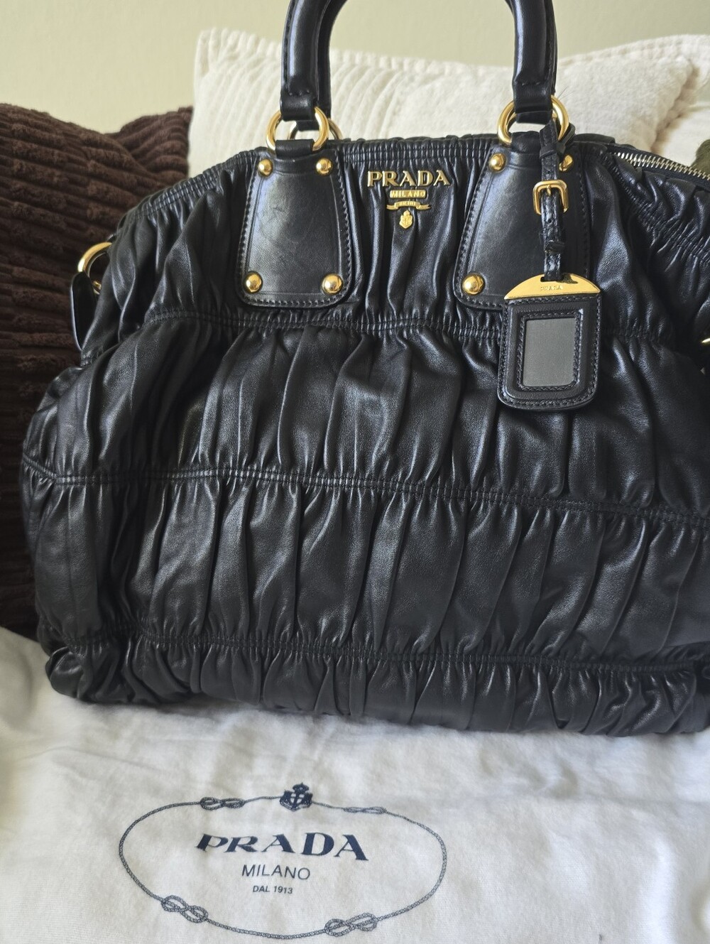 Prada Black Nappa Gaufre Ruched Leather Bag with GHW